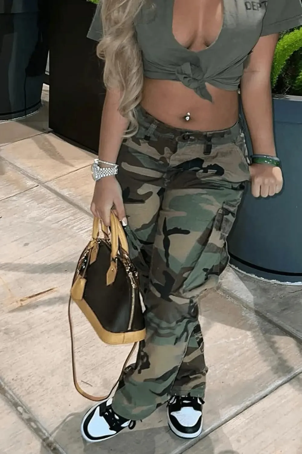 MESLIMA Women's Camo Pants High Waist Slim Fit Cargo Trousers with Pocket Camouflage Long Sweatpant with Belt