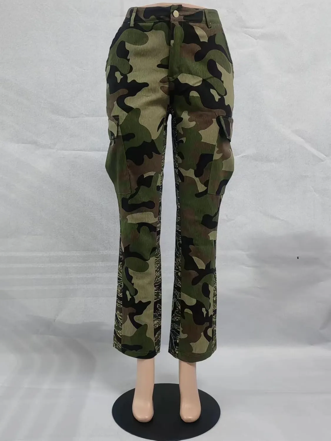 MESLIMA Women's Camo Pants High Waist Slim Fit Cargo Trousers with Pocket Camouflage Long Sweatpant with Belt