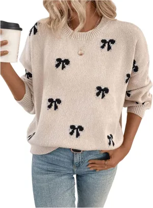 Milumia Women's Y2K Bow Print Knit Sweater Crew Neck Drop Shoulder Long Sleeve Pullover Top