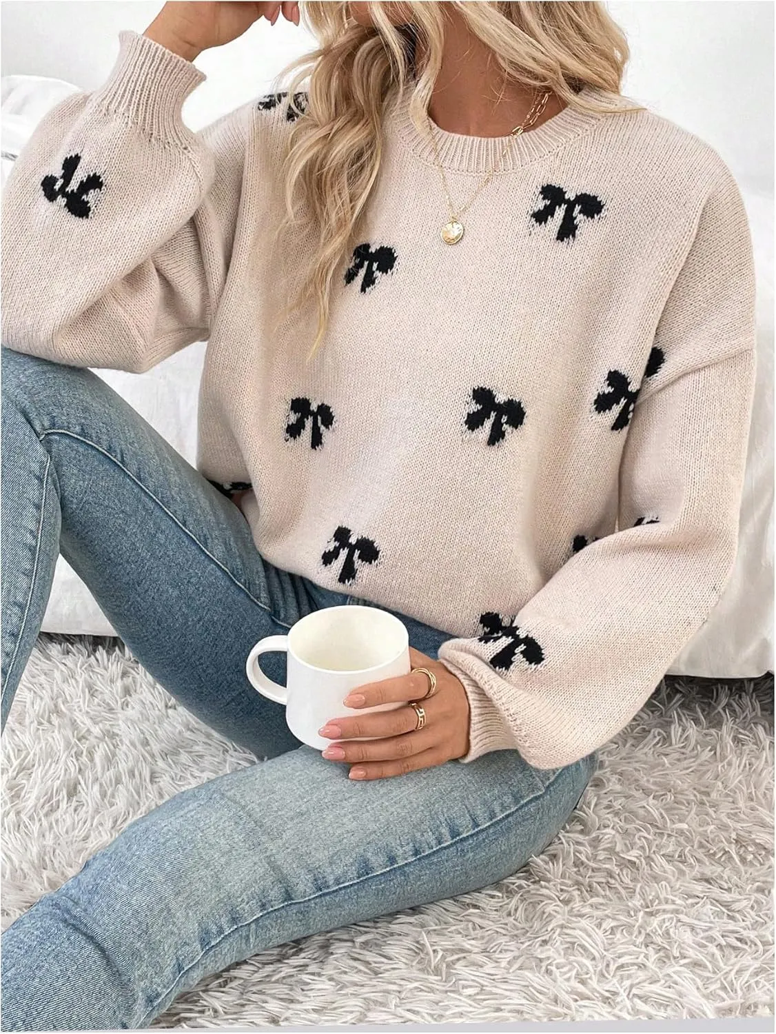 Milumia Women's Y2K Bow Print Knit Sweater Crew Neck Drop Shoulder Long Sleeve Pullover Top