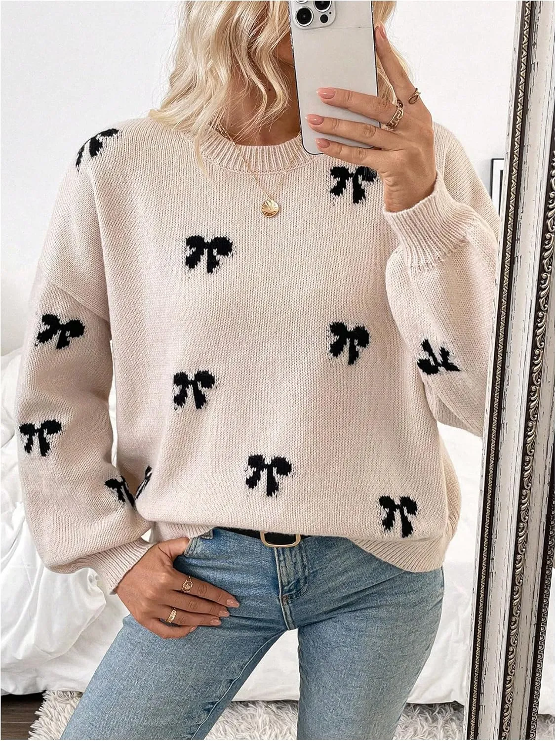 Milumia Women's Y2K Bow Print Knit Sweater Crew Neck Drop Shoulder Long Sleeve Pullover Top