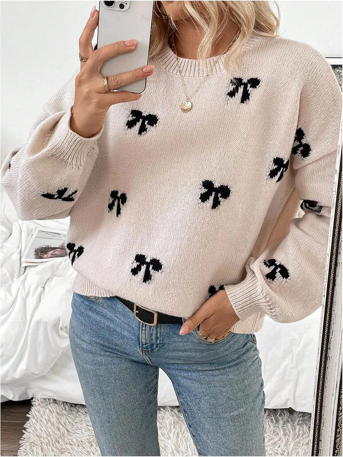 Milumia Women's Y2K Bow Print Knit Sweater Crew Neck Drop Shoulder Long Sleeve Pullover Top