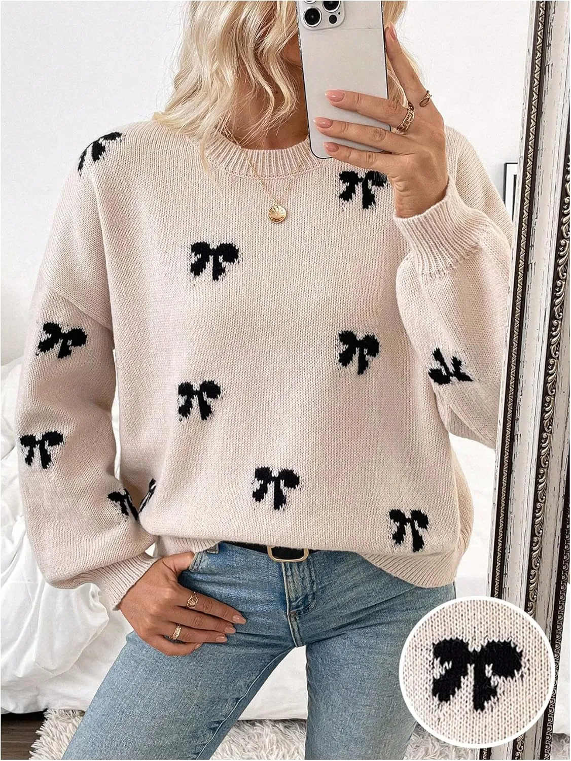 Milumia Women's Y2K Bow Print Knit Sweater Crew Neck Drop Shoulder Long Sleeve Pullover Top