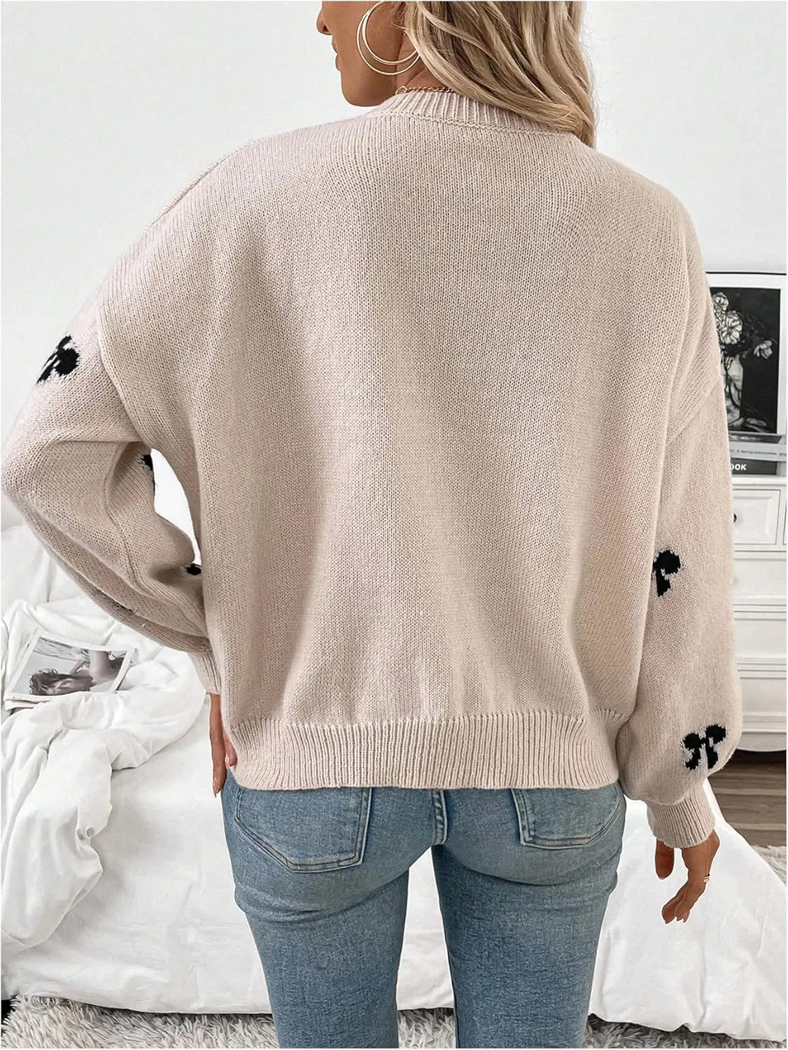 Milumia Women's Y2K Bow Print Knit Sweater Crew Neck Drop Shoulder Long Sleeve Pullover Top