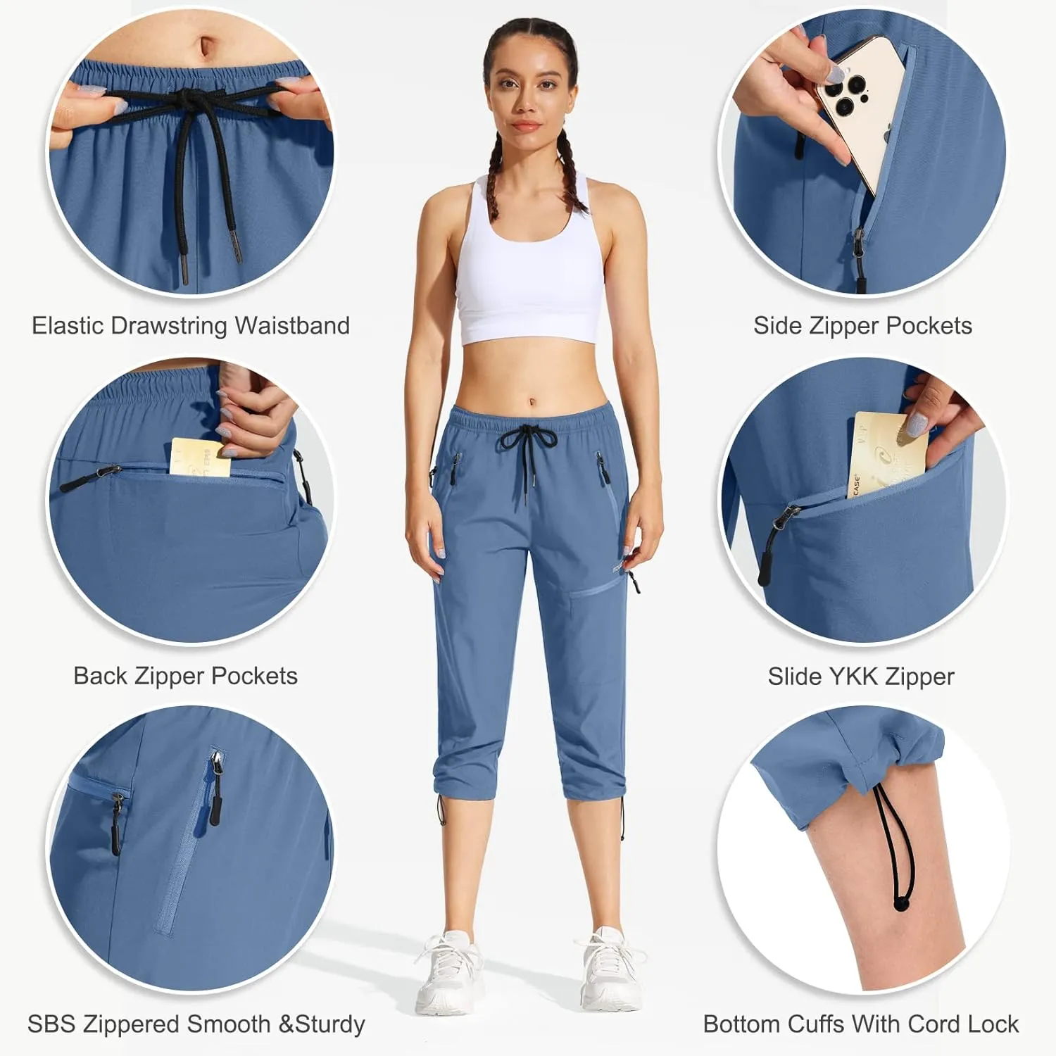MOCOLY Women's Cargo Hiking Pants Elastic Waist Quick Dry Lightweight Outdoor Water Resistant UPF 50  Long Pants Zipper