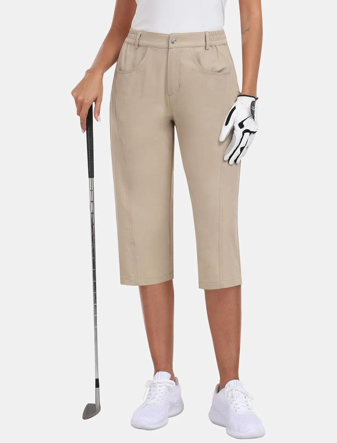 MoFiz Women's Capri Pants with Pockets Lightweight Cropped Golf Hiking Pants Quick Dry Summer Elastic Waist Capris