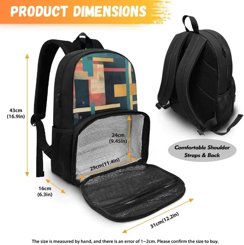 Multi-Colour Geometry Print Carry On Backpack and Lunch Bag Colorful Stripe Art Rhombic Pattern Lady Insulated Cooler Backpack 2 in 1 Casual Backpack