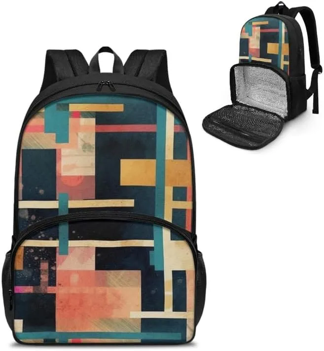 Multi-Colour Geometry Print Carry On Backpack and Lunch Bag Colorful Stripe Art Rhombic Pattern Lady Insulated Cooler Backpack 2 in 1 Casual Backpack