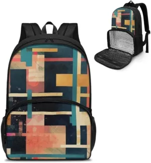 Multi-Colour Geometry Print Carry On Backpack and Lunch Bag Colorful Stripe Art Rhombic Pattern Lady Insulated Cooler Backpack 2 in 1 Casual Backpack