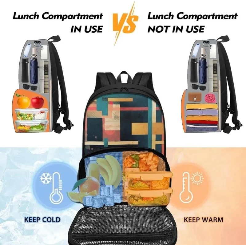 Multi-Colour Geometry Print Carry On Backpack and Lunch Bag Colorful Stripe Art Rhombic Pattern Lady Insulated Cooler Backpack 2 in 1 Casual Backpack