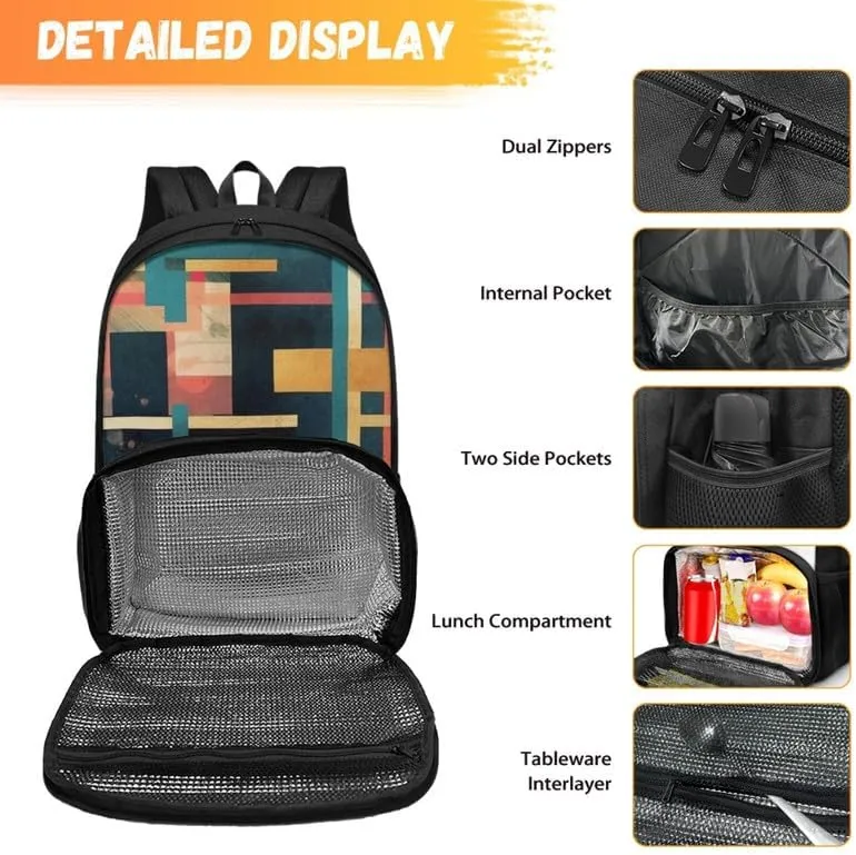 Multi-Colour Geometry Print Carry On Backpack and Lunch Bag Colorful Stripe Art Rhombic Pattern Lady Insulated Cooler Backpack 2 in 1 Casual Backpack