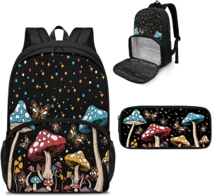 Mushroom Lunch Backpack Insulated Cooler Backpack and Pencil Pouch Set Laptop Backpack for Girls Bookbag Vintage Work Lunch Box Bag Fashion Backpack Stylish Travel Bag for Women