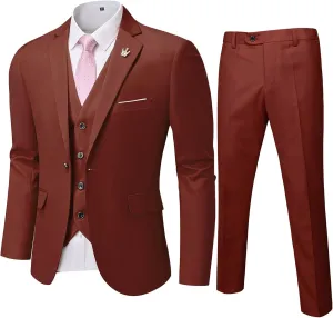 MY'S Men's 3 Piece Slim Fit Suit Set, One Button Solid Jacket Vest Pants with Tie