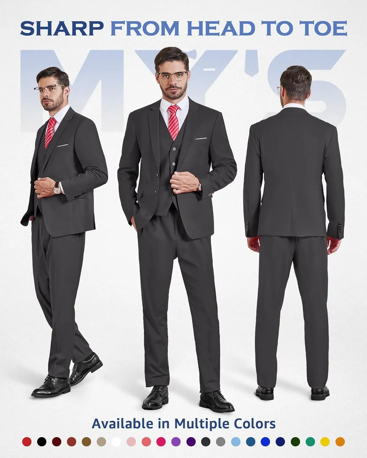 MY'S Men's Slim Fit 3 Pieces Suit, Two Buttons Solid Jacket Pants Set with Tie for Wedding Party Business Prom