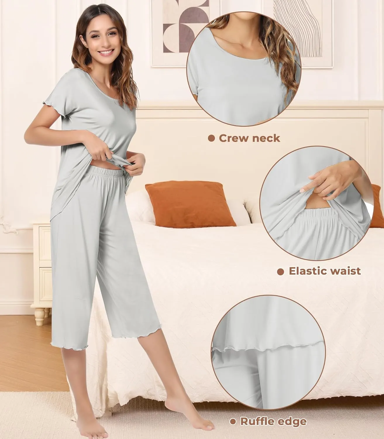 NACHILA Pajamas for Women-Viscose Made from Bamboo,Soft Capri Pants Pajama Sets Plus Size Pjs Cooling Short Sleeve Sleepwear