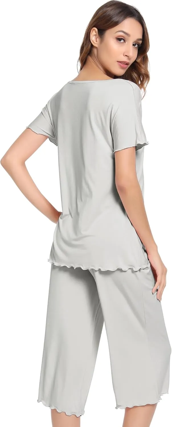 NACHILA Pajamas for Women-Viscose Made from Bamboo,Soft Capri Pants Pajama Sets Plus Size Pjs Cooling Short Sleeve Sleepwear