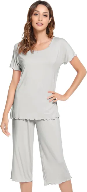 NACHILA Pajamas for Women-Viscose Made from Bamboo,Soft Capri Pants Pajama Sets Plus Size Pjs Cooling Short Sleeve Sleepwear