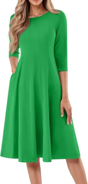 NBXNZWF Womens 3/4 Length Sleeve Dresses Casual Round Neck Three Quarter Sleeve Midi Dress Fall Elegant Knee Length Dresses