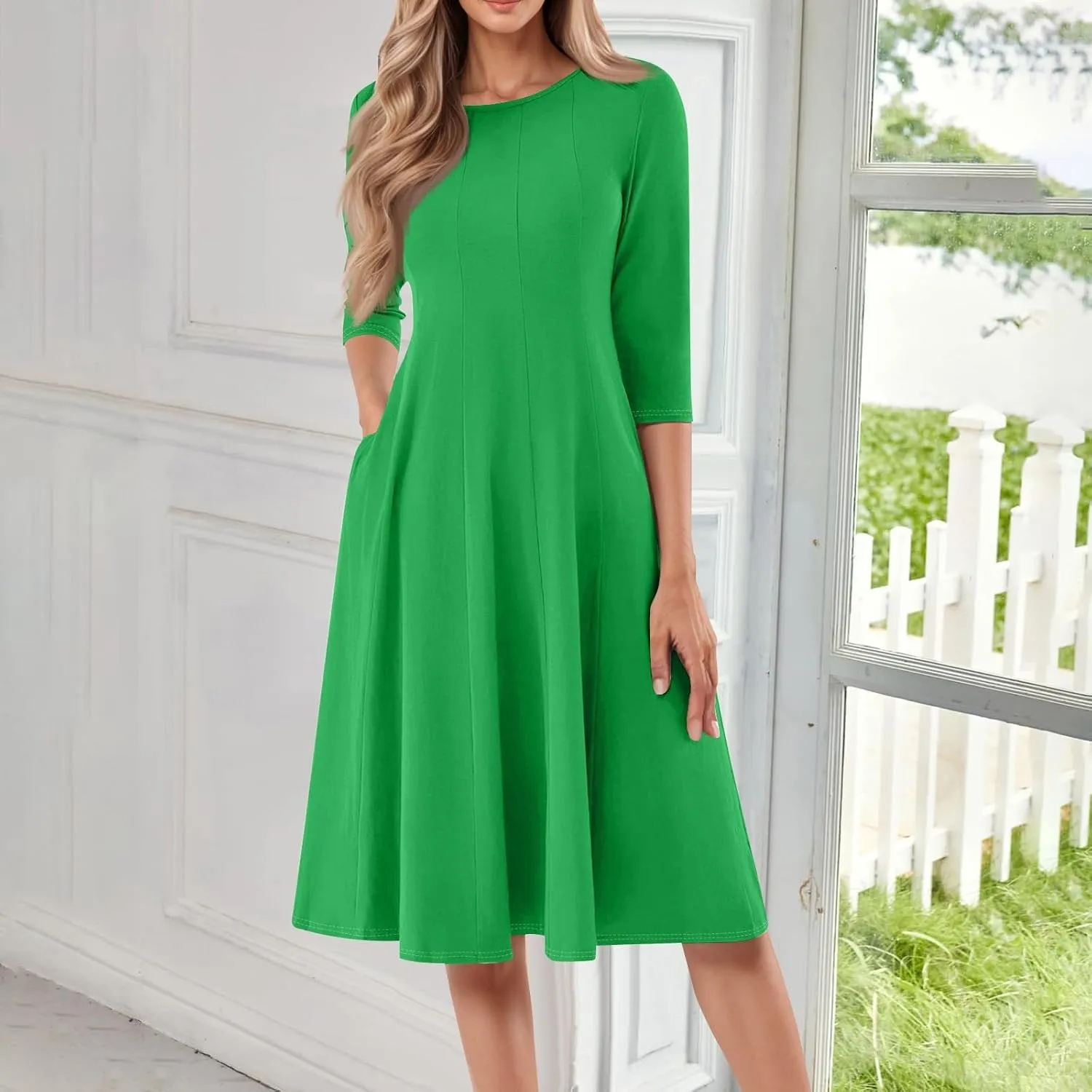 NBXNZWF Womens 3/4 Length Sleeve Dresses Casual Round Neck Three Quarter Sleeve Midi Dress Fall Elegant Knee Length Dresses
