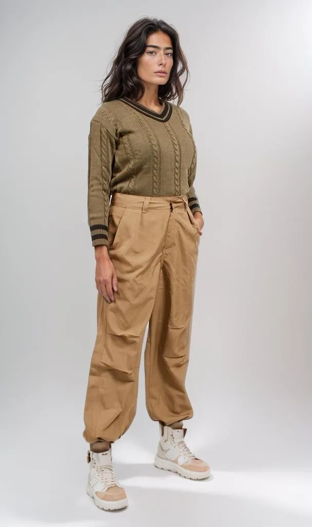 o201345-V-NECK CABLE KNIT SWEATER - OLIVE GREEN