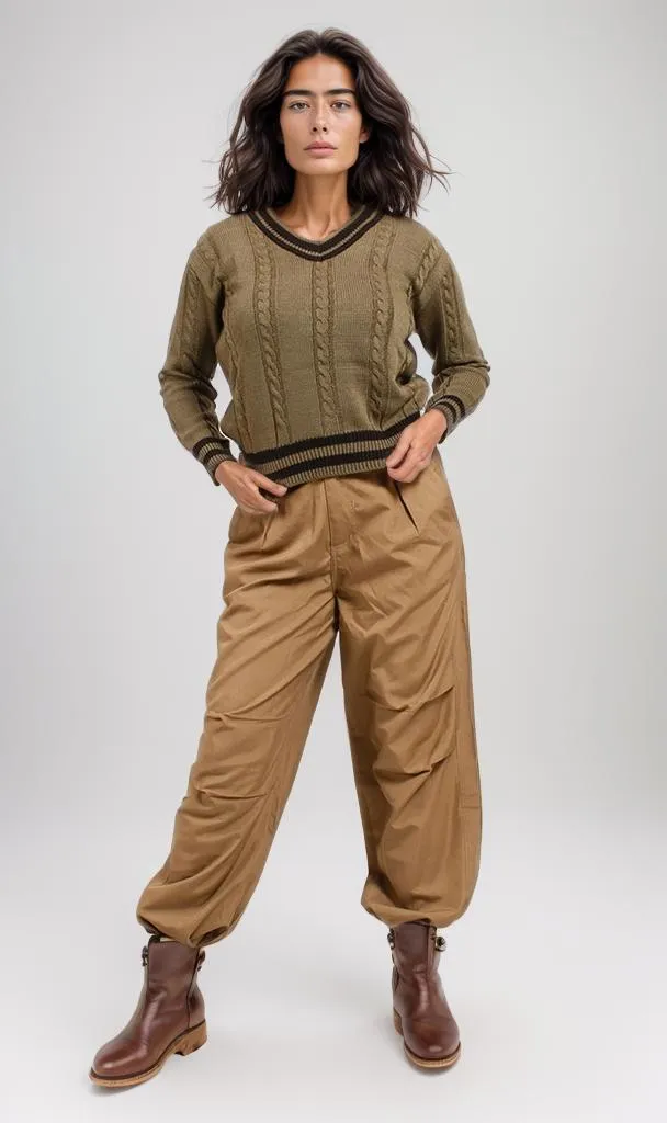 o201345-V-NECK CABLE KNIT SWEATER - OLIVE GREEN