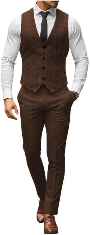 ONAXTDA Mens Slim Fit Vest and Pants Set Linen Casual 2 Piece Wedding Groomsmen Suit Waistcoat