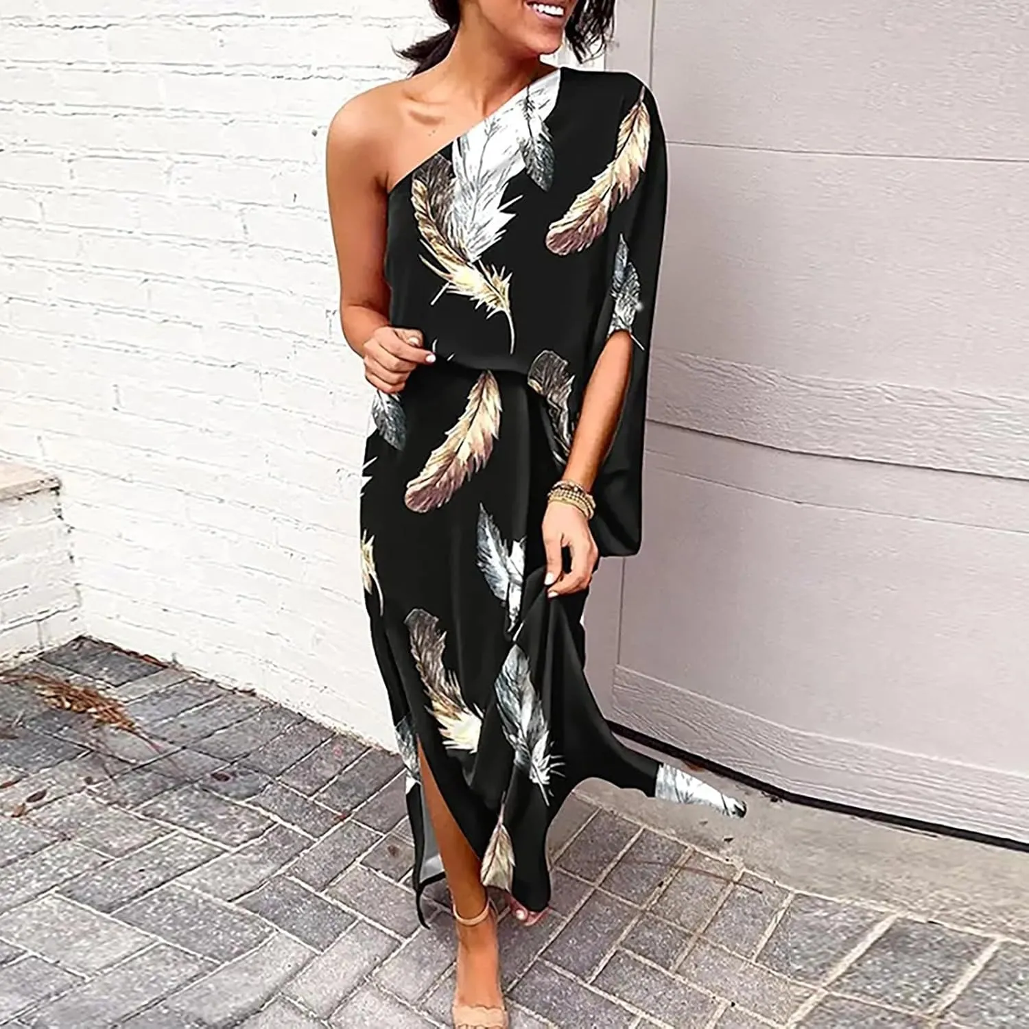 One Shoulder Dresses for Women,2024 Summer Trendy Batwing Sleeve Party Dress,Vintage Graphic Flowy Wedding Guest Dress