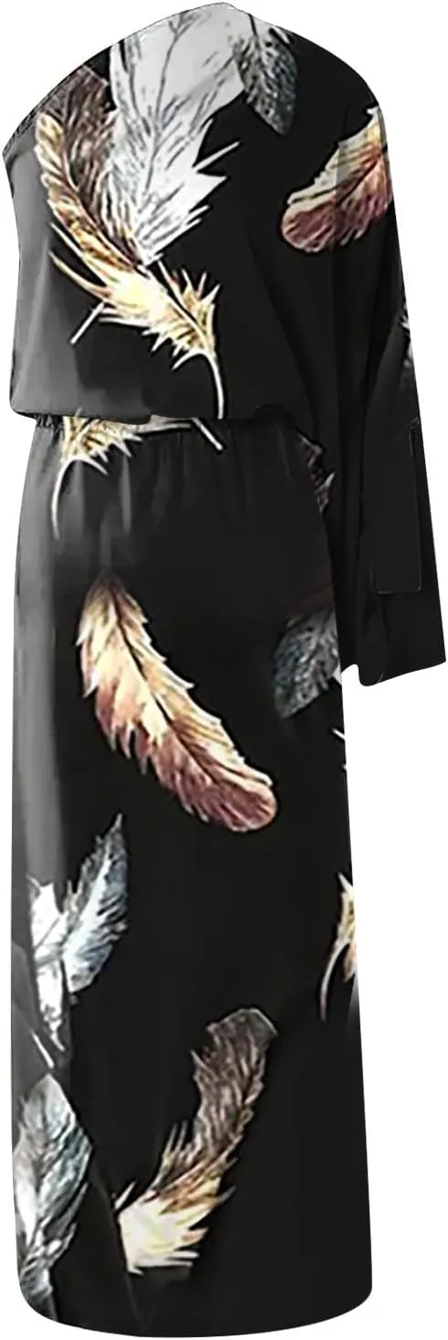 One Shoulder Dresses for Women,2024 Summer Trendy Batwing Sleeve Party Dress,Vintage Graphic Flowy Wedding Guest Dress