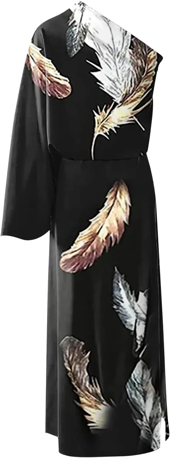 One Shoulder Dresses for Women,2024 Summer Trendy Batwing Sleeve Party Dress,Vintage Graphic Flowy Wedding Guest Dress