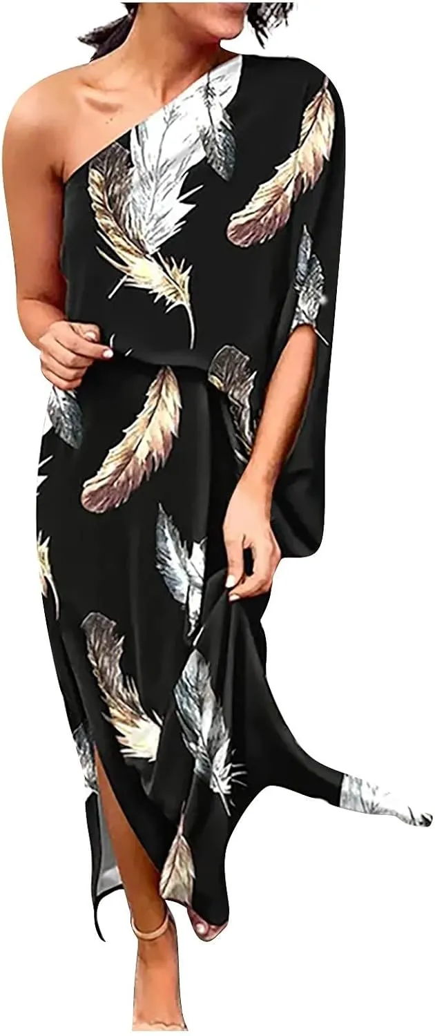 One Shoulder Dresses for Women,2024 Summer Trendy Batwing Sleeve Party Dress,Vintage Graphic Flowy Wedding Guest Dress