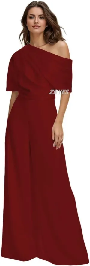 One Shoulder Mother of The Bride Pantsuits for Wedding Short Sleeve Satin Formal Jumpsuit for Women