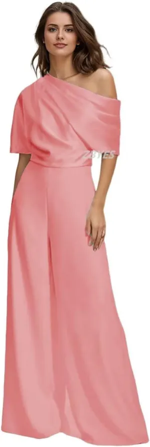 One Shoulder Mother of The Bride Pantsuits for Wedding Short Sleeve Satin Formal Jumpsuit for Women