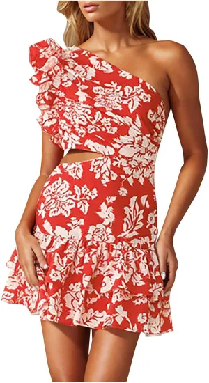 One Shoulder Vacation Dress for Women Casual Summer Floral Printed Ruffle Sleeveless Cutout Mini Dresses Boho Beach Sundress
