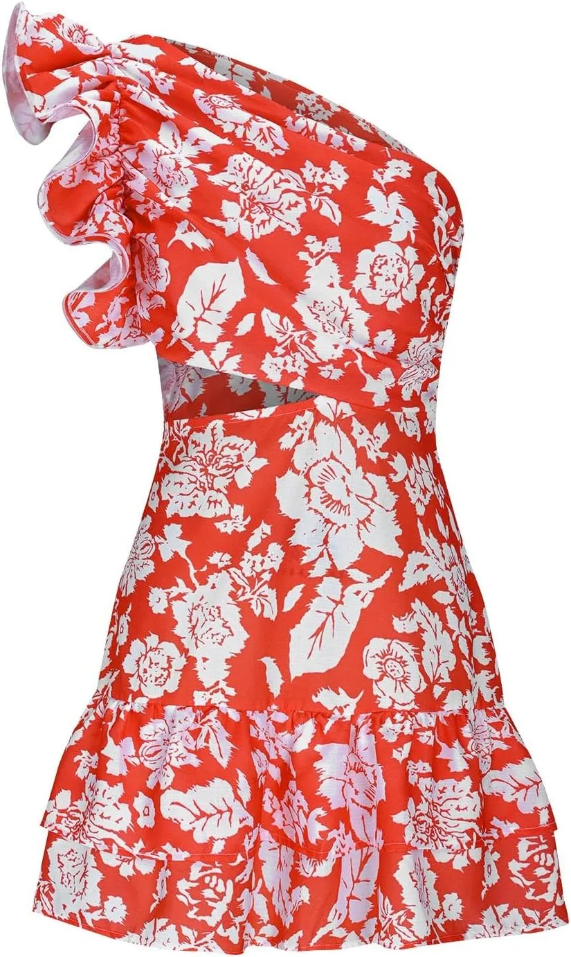 One Shoulder Vacation Dress for Women Casual Summer Floral Printed Ruffle Sleeveless Cutout Mini Dresses Boho Beach Sundress