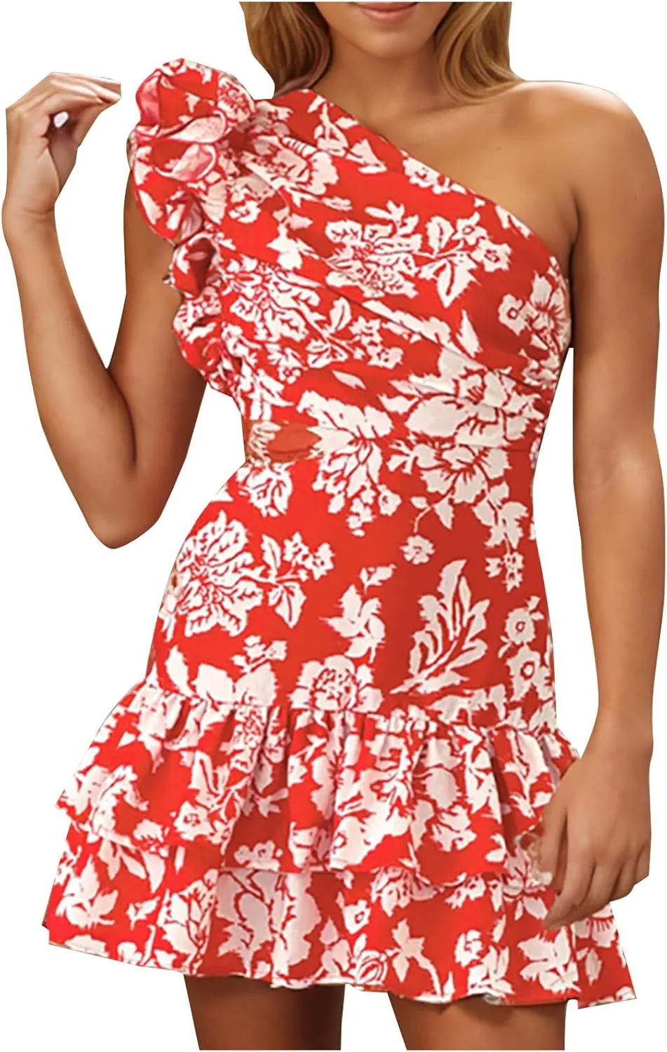 One Shoulder Vacation Dress for Women Casual Summer Floral Printed Ruffle Sleeveless Cutout Mini Dresses Boho Beach Sundress