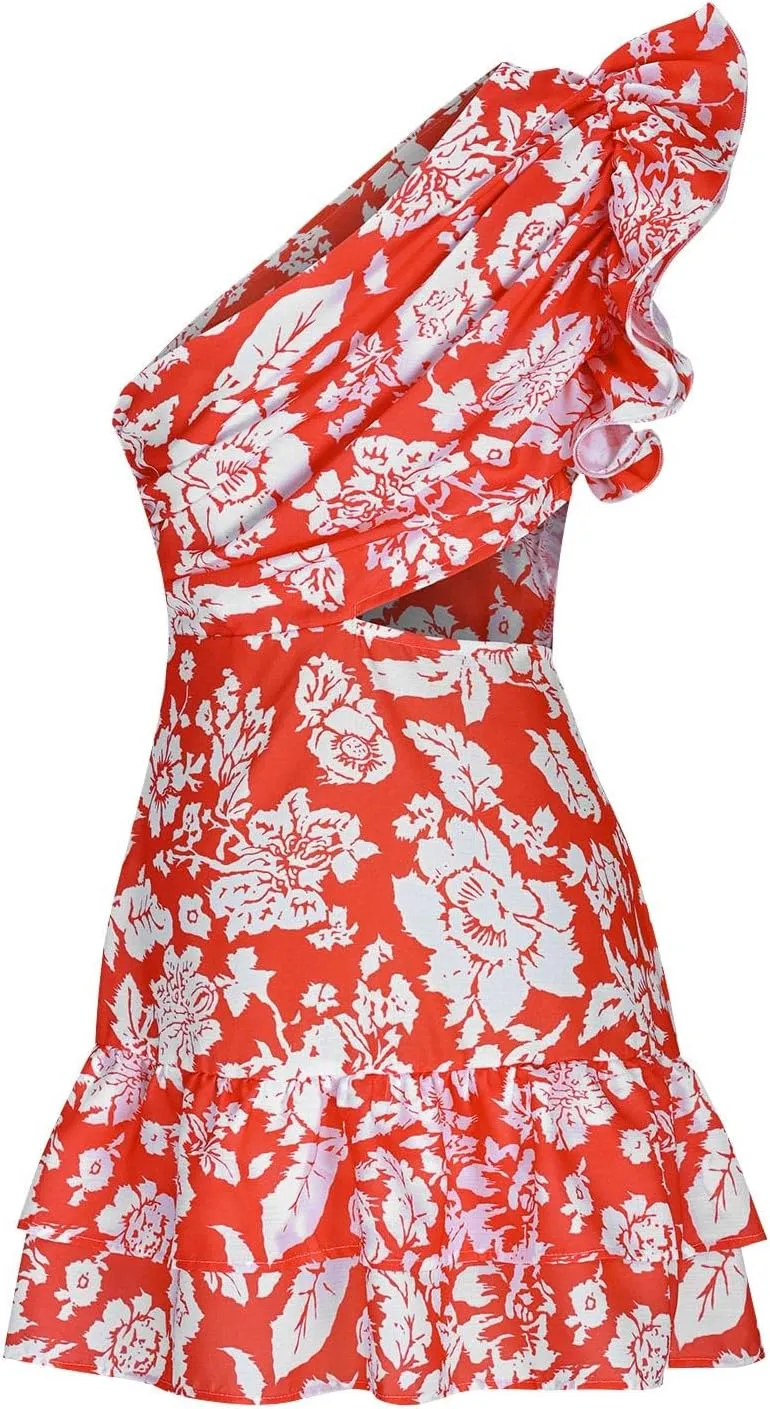 One Shoulder Vacation Dress for Women Casual Summer Floral Printed Ruffle Sleeveless Cutout Mini Dresses Boho Beach Sundress