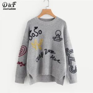 Oversized Sweater  Grey Braided Embroidery Stepped Hem Womens Sweaters