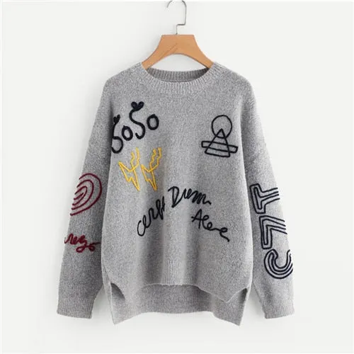 Oversized Sweater  Grey Braided Embroidery Stepped Hem Womens Sweaters