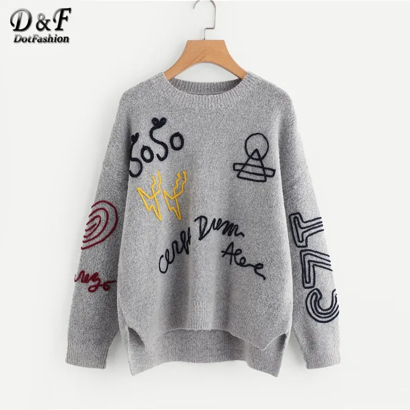 Oversized Sweater  Grey Braided Embroidery Stepped Hem Womens Sweaters