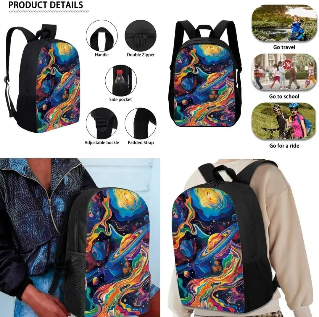 Painting Universe Print School Bag Sets Of 3 Pieces Cool Lightweight Kids Boys Girls Student Backpack With Insulated Lunch Bag Pen Bag