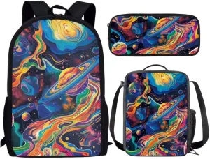 Painting Universe Print School Bag Sets Of 3 Pieces Cool Lightweight Kids Boys Girls Student Backpack With Insulated Lunch Bag Pen Bag