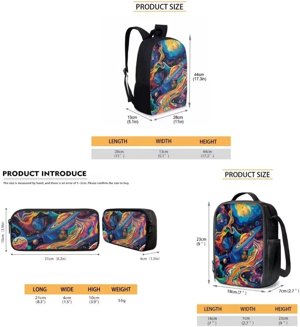 Painting Universe Print School Bag Sets Of 3 Pieces Cool Lightweight Kids Boys Girls Student Backpack With Insulated Lunch Bag Pen Bag