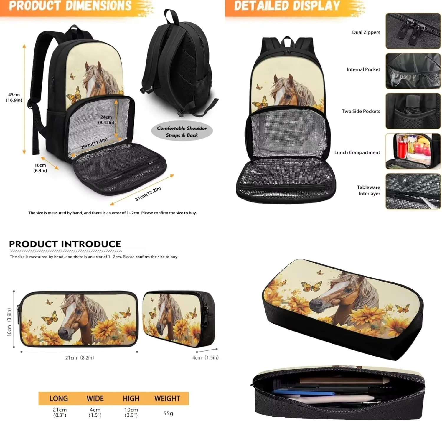 Panda Backpack for Girls Book Bag School Backpacks Set Kids Pencil Case Lunch Backpack with Cooler Compartment, Travel Rucksack Daypack
