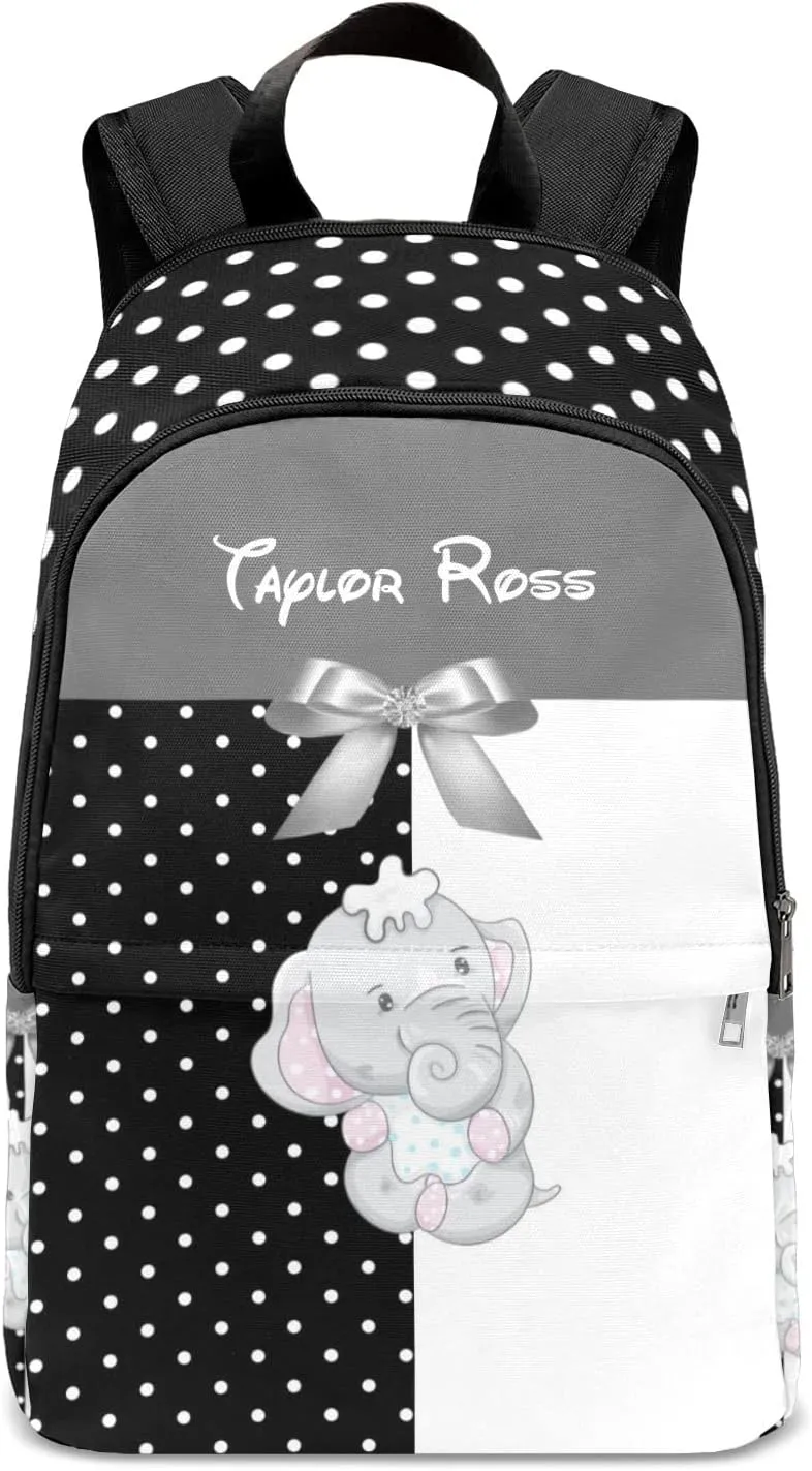Personalized Name Cute Diaper Elephant Bow Dot Backpack Unisex Bookbag for Boy Girl Travel Daypack Bag Purse 17.7 IN