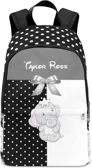 Personalized Name Cute Diaper Elephant Bow Dot Backpack Unisex Bookbag for Boy Girl Travel Daypack Bag Purse 17.7 IN