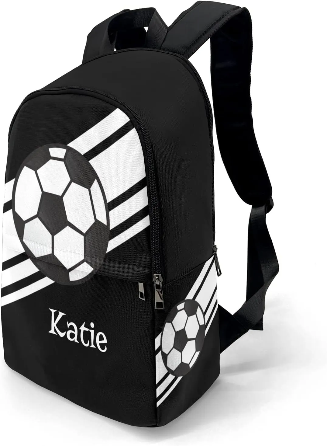 Personalized Name Soccer Ball Sports Black Backpack Unisex Bookbag for Boy Girl Travel Daypack Bag Purse 17.7 IN