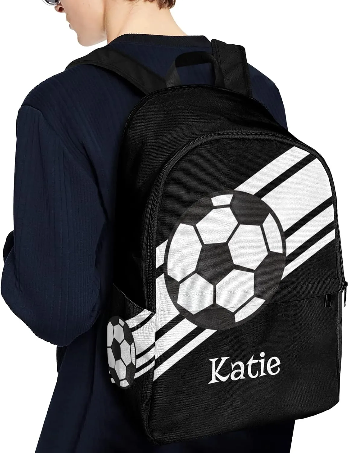 Personalized Name Soccer Ball Sports Black Backpack Unisex Bookbag for Boy Girl Travel Daypack Bag Purse 17.7 IN