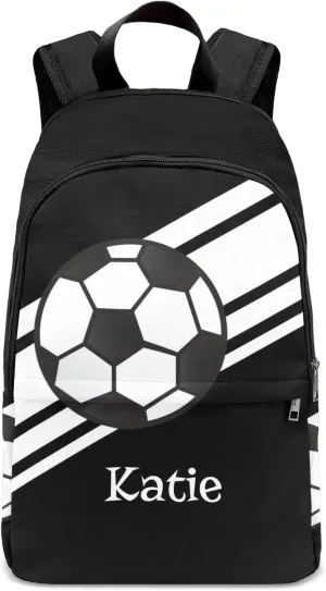 Personalized Name Soccer Ball Sports Black Backpack Unisex Bookbag for Boy Girl Travel Daypack Bag Purse 17.7 IN