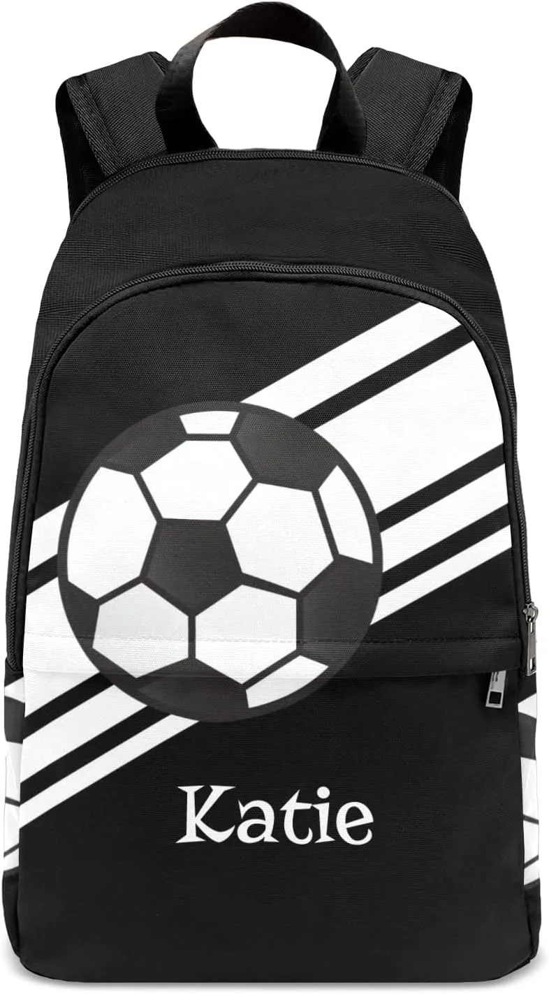 Personalized Name Soccer Ball Sports Black Backpack Unisex Bookbag for Boy Girl Travel Daypack Bag Purse 17.7 IN