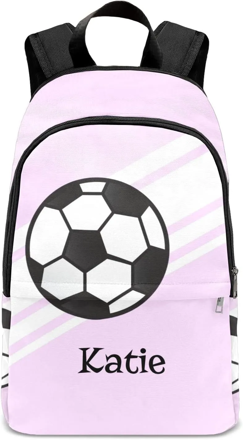 Personalized Name Soccer Ball Sports Pink Backpack Unisex Bookbag for Boy Girl Travel Daypack Bag Purse 17.7 IN